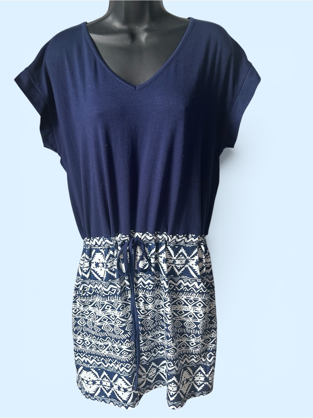 Women’s Navy V-Neck Drawstring Waist Printed Skirt Dress New